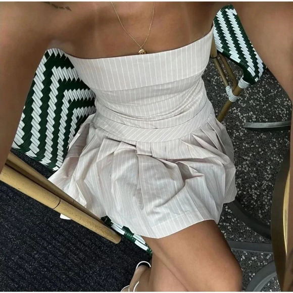 Zara Strapless Striped Pleated Hem Mini Dress Pale  Pink Size Small - Picture 4 of 15